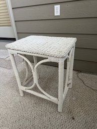 Vintage White Wicker Side Table With Woven Top