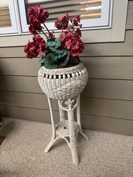 Vintage White Wicker Plant Stand / Jardinire With Decorative Basket