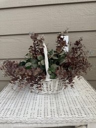 White Wicker Basket With Faux Eucalyptus & Greenery Arrangement