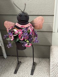 Whimsical Metal Bee Planter Stand With Faux Floral Arrangement