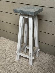 Tall Distressed Wood Plant Stand With Galvanized Metal Top – Farmhouse Décor