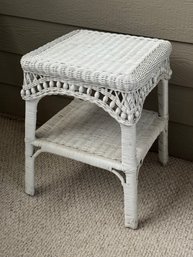 White Wicker Two-Tier Side Table With Decorative Spindle Trim