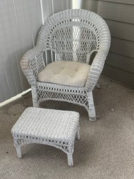 White Wicker Armchair With Matching Footstool & Seat Cushion