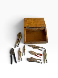 Vintage Locking Pliers & Olympia Turbo Pliers Lot With Wooden Tool Box