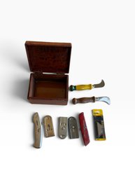 Utility Knife & Scraper Tool Lot With Wooden Box