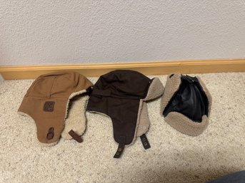 Lot Of 3 Insulated Trapper Hats  Canvas & Leather Sherpa-Lined Winter Hats