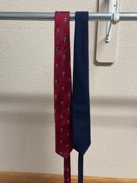 Pair Of Men's Neckties  Red Crest Pattern & Solid Navy Blue