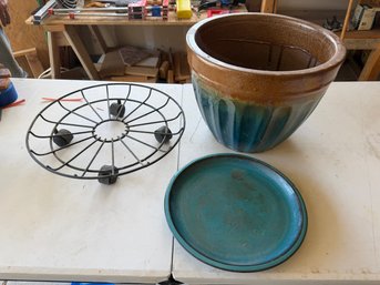 Large Glazed Ceramic Planter With Rolling Stand & Saucer