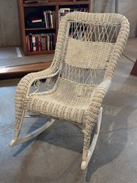 Vintage White Wicker Rocking Chair With Scrollwork