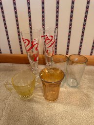 Vintage Mixed Glassware Lot  Pilsner Glasses, Gold Rim Tumblers & Depression Glass
