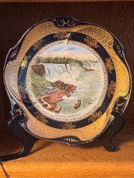 Vintage German Porcelain Niagara Falls Scenic Plate  Cobalt Blue & Gold