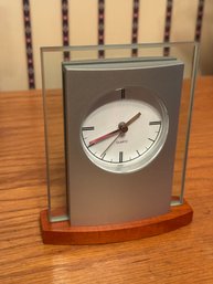 Contemporary Glass & Metal Quartz Desk Clock On Wood Base