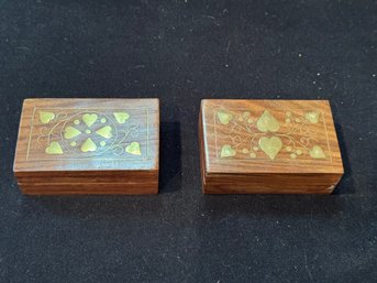 Vintage Brass Inlaid Wood Trinket Boxes With Red Felt Interiors  Set Of 2