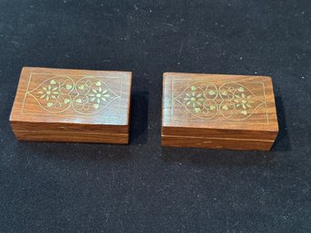Vintage Brass Inlaid Wood Trinket Jewelry Boxes With Red Felt Interiors  Pair