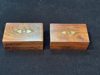 Vintage Brass Inlaid Wood Trinket Jewelry Boxes With Heart Motif  Pair