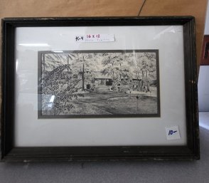 Framed Black And White Ink Drawing Of A House