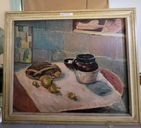 Framed Still Life Oil Painting On Canvas From Mid 20th Century