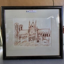 Vintage Framed Ink Drawing Of Notre Dame De Paris Cathedral