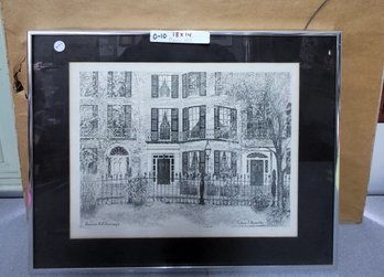 Framed Black And White Etching Titled Beacon Hill Doorways