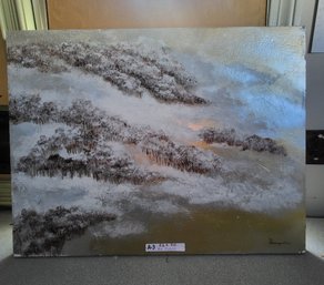 Signed Oil Painting On Canvas Featuring A Winter Landscape Scene