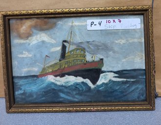 Vintage Framed Painting Of A Tugboat