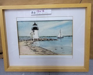 Framed Watercolor Of Brant Point Lighthouse, Nantucket By Louise Harned