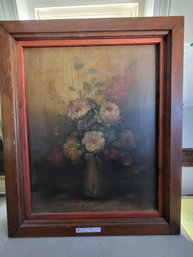 Antique Moody Still Life Oil Painting On Canvas Of Floral Arrangement