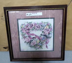 Vintage 1990s Leisha Flower Heart Wreath Framed Lithograph