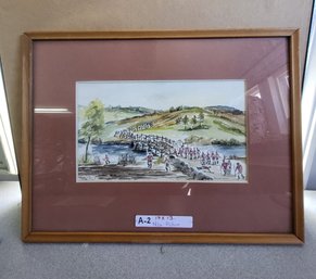 Framed Watercoloring Painting Depicting A Military Scene From American Revolutionary War