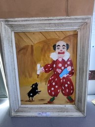 Collectible Vintage Style Framed Painting Of A Clown Holding A Baby, Feeding A Pig