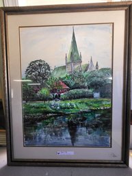 Framed Landscape Watercolor Depicting Nidaros Cathedral In Trondheim, Norway