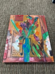 A Piece Of Mixed Media Art Featuring A Stylized Floral Arrangement In A Vase