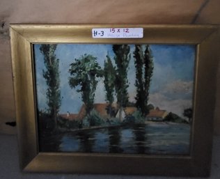 Framed Landscape Oil Painting Titled House Across The Water By Adolf Bock