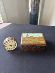 Vintage Russian Kustar Folk Art Wooden Box And Vintage Soviet Era Mechanical Alarm Clock