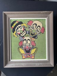 Framed Needle Point Artwork Depicting Three Clowns