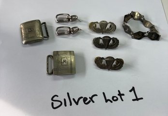 Collection Of Vintage Military Belt Buckles, Pins, Jewelry