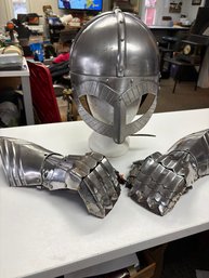 Viking Gjermundbu Style Helmet And Pair Of Steel Knight Gauntlets