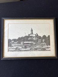 Print By Don Davey Depicts A Harbor Scene With Prominent Church Tower