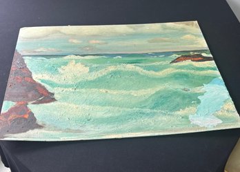 Oil Painting On Canvas Board Waves Along A Rocky Coastline