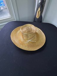 Vintage Frank Olive Gold Straw Hat With Wide Brim And Rhinestone Band