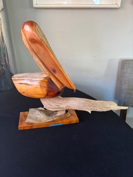 Hand Carved Cedar Driftwood Pelican Sculpture By Jack Overcast