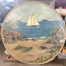 37 Round Vintage Large Sailboat Painting Nautical Theme