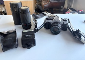 Canon AE-1 35mm SLR Film Camera, Canon Speedlite 166A Flash, Marco Zoom Lens