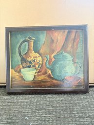 Vintage Italian Impressionist Style Oil On Canvas Painting Of Still Life