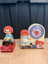 Vintage Raggedy Ann And Andy Talking Alarm Clock 1974 And Stapler 1975