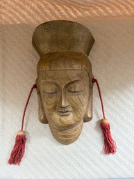 Vintage Hand Carved Wooden Kannon Bodhisattva Wall Accent
