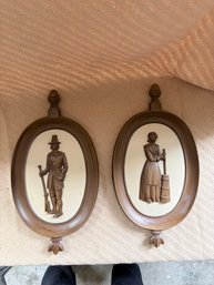 Vintage Pair Of 1960's Syroco Colonial Pilgrim 3D Wall Plaques