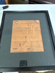 Vintage 1927 Framed Permit Issued By Commonwealth Of MA