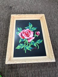 Vintage Framed Crewel Embroidery Piece Featuring A Pink Rose With Green Leaves On A Black Background