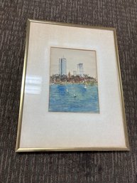 Framed Watercolor Print Of The Boston Skyline